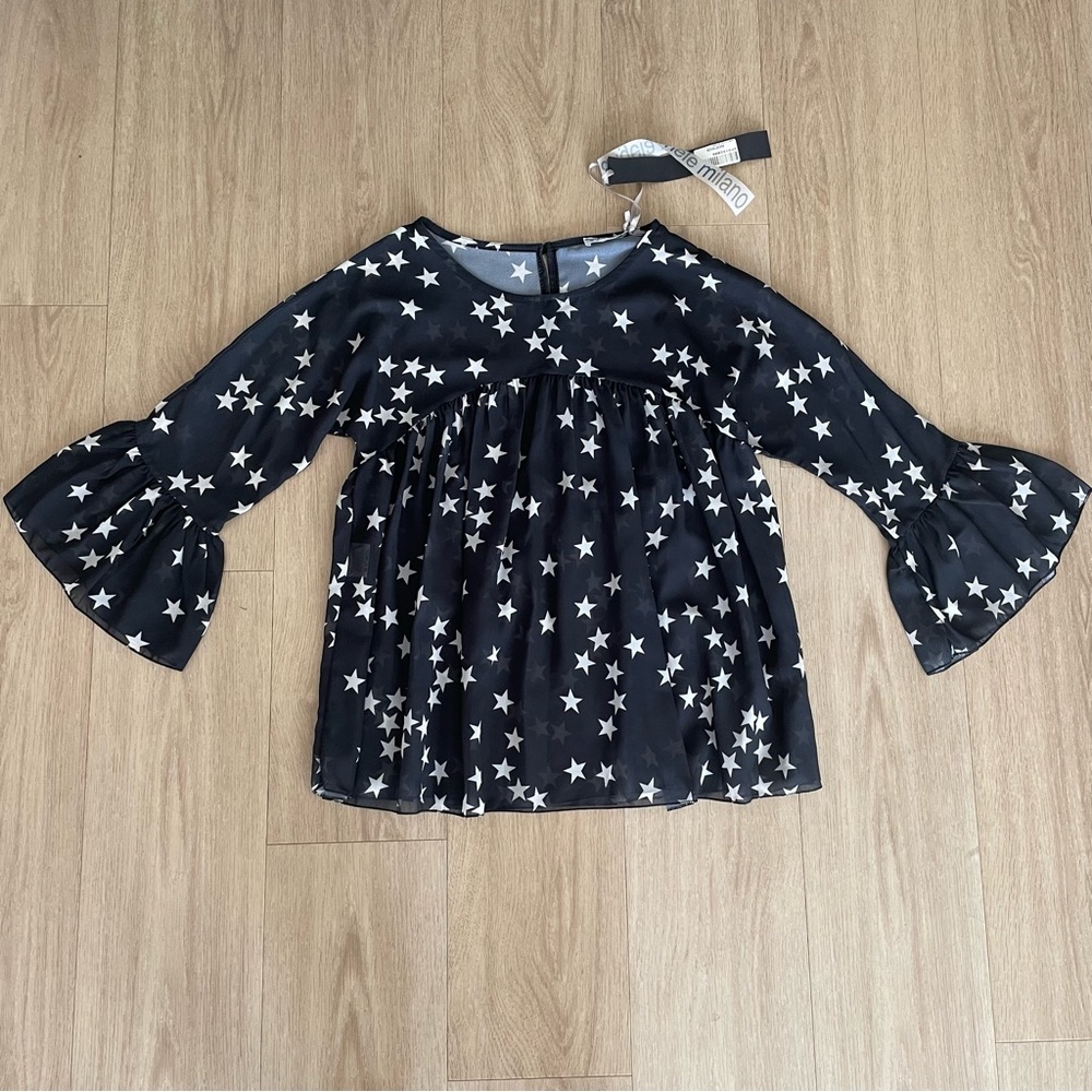 NWT whimsical celestial sheer black and white star print blouse